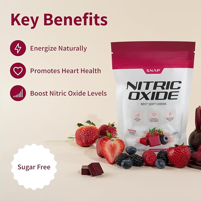 Snap Supplements USDA Organic Beet Root Powder, 3-in-1 Nitric Oxide Supplement, Support Healthy Blood Pressure and Blood Circulation, 250g (60 Servings (Pack of 1), Mixed Berry (Chews))