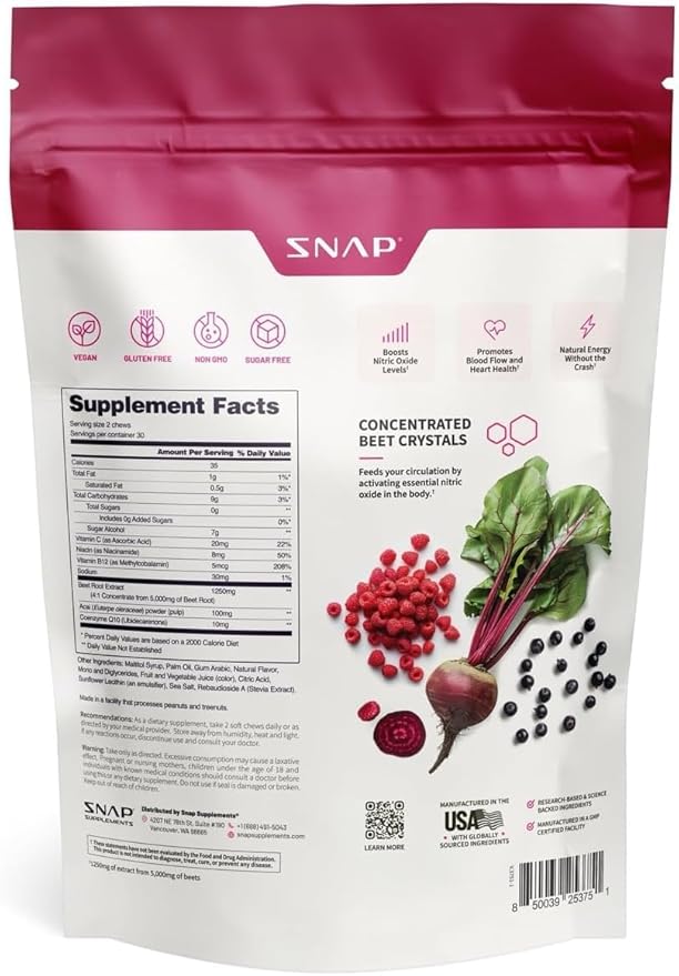 Snap Supplements USDA Organic Beet Root Powder, 3-in-1 Nitric Oxide Supplement, Support Healthy Blood Pressure and Blood Circulation, 250g (60 Servings (Pack of 1), Mixed Berry (Chews))