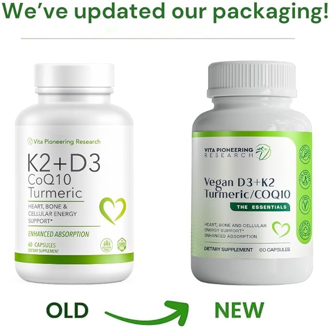 4-in-1 Plant Based Vegan Vitamin D3 2000IU + K2Vital Vitamin K2 with Turmeric and COQ10 - with Avocado Powder for Enhanced Absorption - Heart, Bone, Cellular Health Support