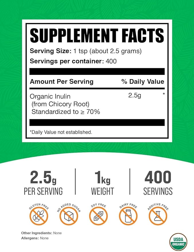 BulkSupplements.com Organic Inulin Powder - Inulin Supplement, Soluble Fiber Powder - Vegan & Gluten Free, Inulin Fiber - 2.5g per Serving, 1kg (2.2 lbs) (Pack of 1)