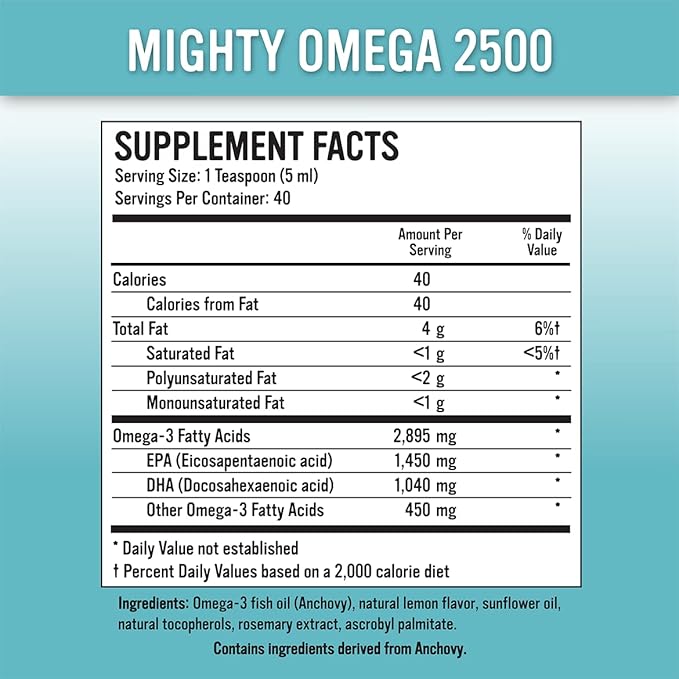 Mighty Omega 2500 Potent Omega 3 Supplement - 2500 MG EPA DHA Per Teaspoon - High Dose Omega's 3 Fish Oil - South Pacific Anchovy Sourced - Triglyceride Omegas 3 Fatty Acid Supplement