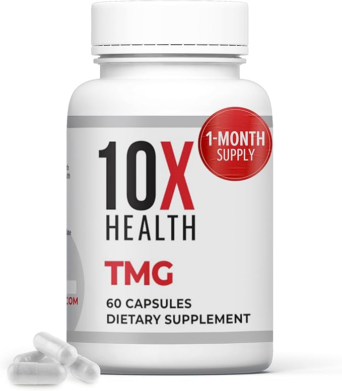 10X Health TMG Supplements - Trimethylglycine Supplement for Liver Support, Heart Wellness, Energy, Homocysteine Levels - TMG Capsules with Betaine Anhydrous - Non-GMO & Gluten-Free - 60 Capsules