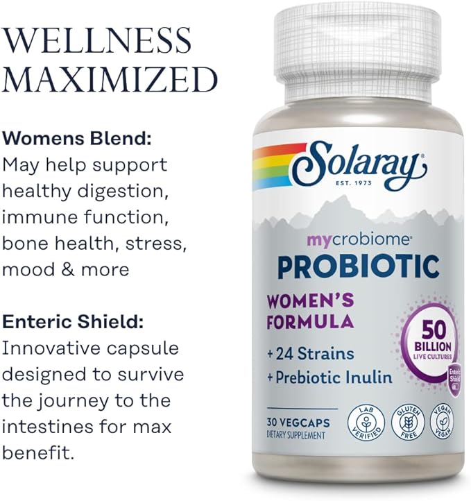SOLARAY Mycrobiome Probiotic Women’s Formula, 24 Strains Plus Prebiotic Inulin, Specially Formulated for Women, Digestion, Mood & Urinary Tract Support, 50 Billion CFU, 30 Servings, 30 VegCaps