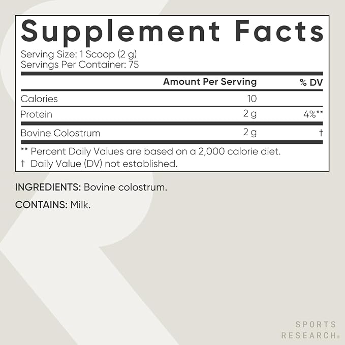Sports Research® Bovine Colostrum Powder – Easy to Mix, Single Ingredient Superfood – Immunity Support & Gut Health w/IgG Antibodies - U.S. Sourced · Non-GMO · Gluten Free - 75 Servings (Unflavored)