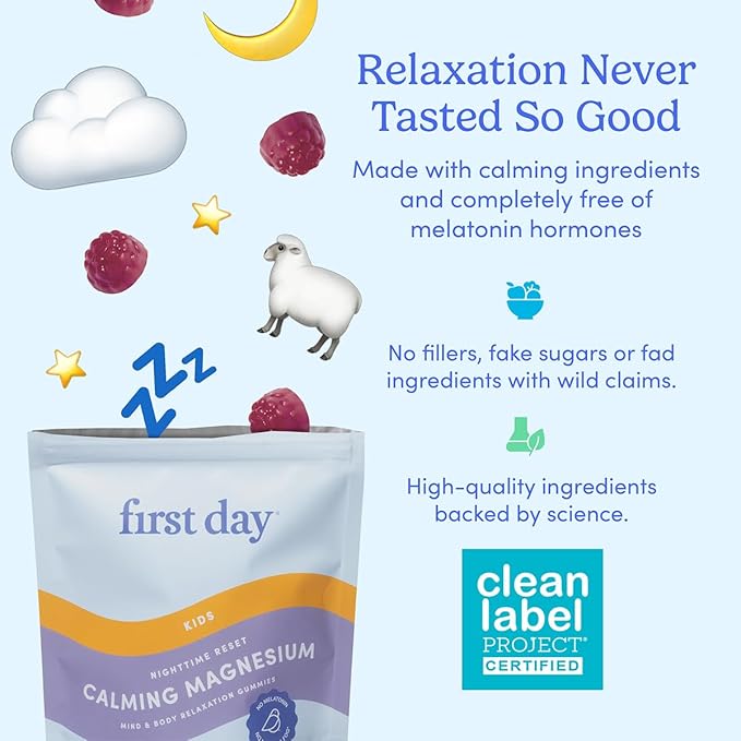 FIRST DAY Magnesium for Kids Gummies – Calm Kids Magnesium Citrate Gummies to Support Sleep & Relaxation – Bedtime Supplement with Suntheanine® L-Theanine, NO Melatonin - Strawberry - 30-Day Supply