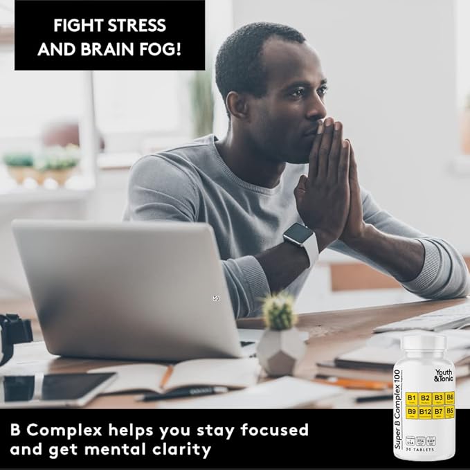 Youth & Tonic Super B Complex B-100 with Choline, Inositol & PABA – High Potency B1, B2, B3, B5, B6, Biotin & B12 – Energy, Mental Clarity, Stress & Nervous System Support – 1-Month Supply