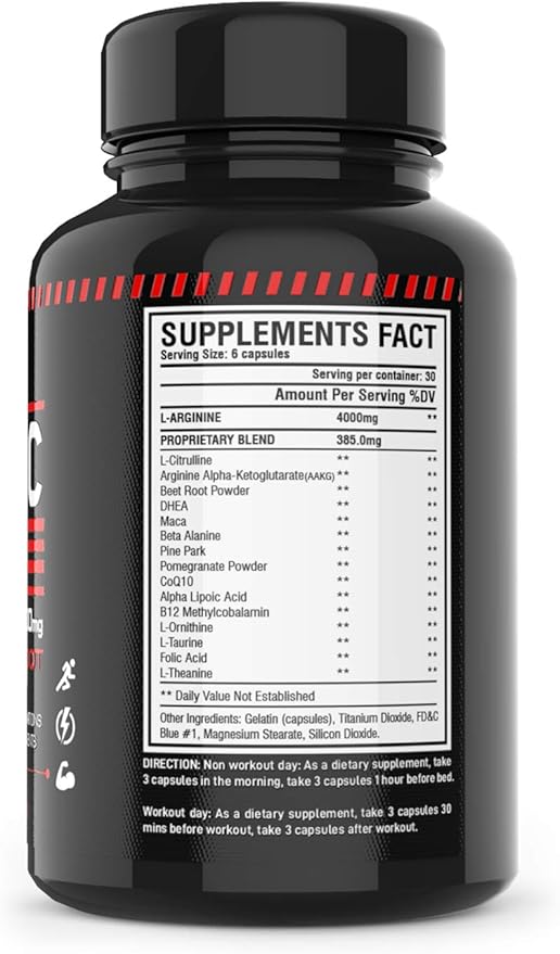 Nitric Oxide Supplement Booster Complex L Arginine 4000mg,L Citrulline, AAKG,Beet Root,Pre Workout Pills,Muscle Bulider,Growth,Pumps,180 Capsules