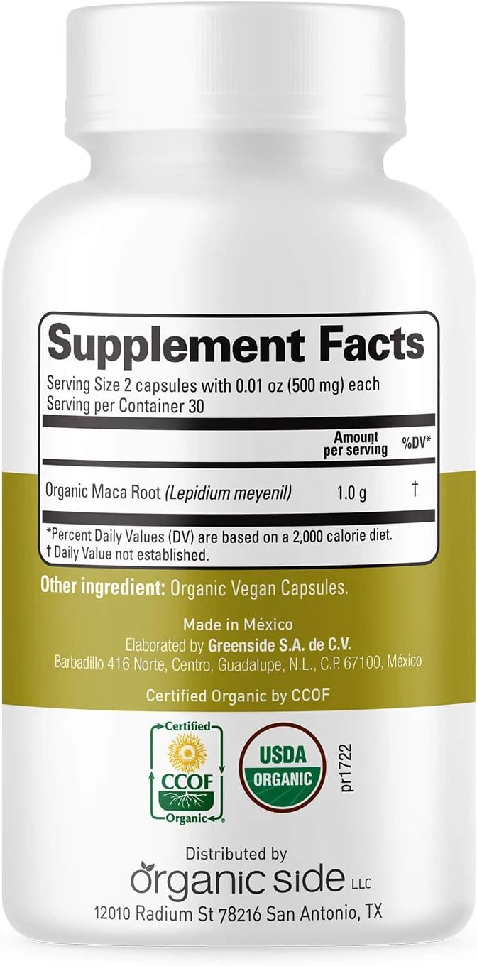 Organic Side | Maca Capsules | USDA Certified Organic, Non-GMO, Vegan | 60 Capsules for Energy | Hormone Balance, and Vitality | Natural Supplement