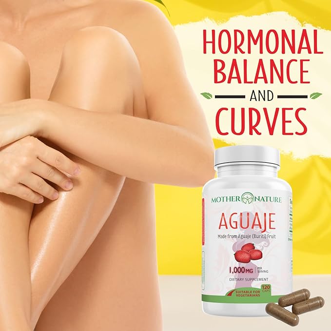 Mother Nature Aguaje Curves Capsules for Women, 1000mg (120ct), Natural & Sustainably Sourced Aguaje Fruit from Peru for Female Health, Hormone Balance, Curve Enhancer, Vegan, Non-GMO & Gluten-Free