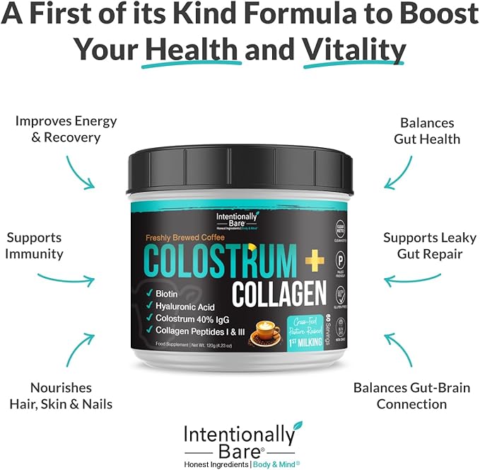 Intentionally Bare Colostrum and Collagen Powder - Colostrum Supplement with Biotin and Collagen Peptides - Colostrum Powder for Skin, Joint and Gut - Brewed Coffee Collagen Supplements 60 Servings