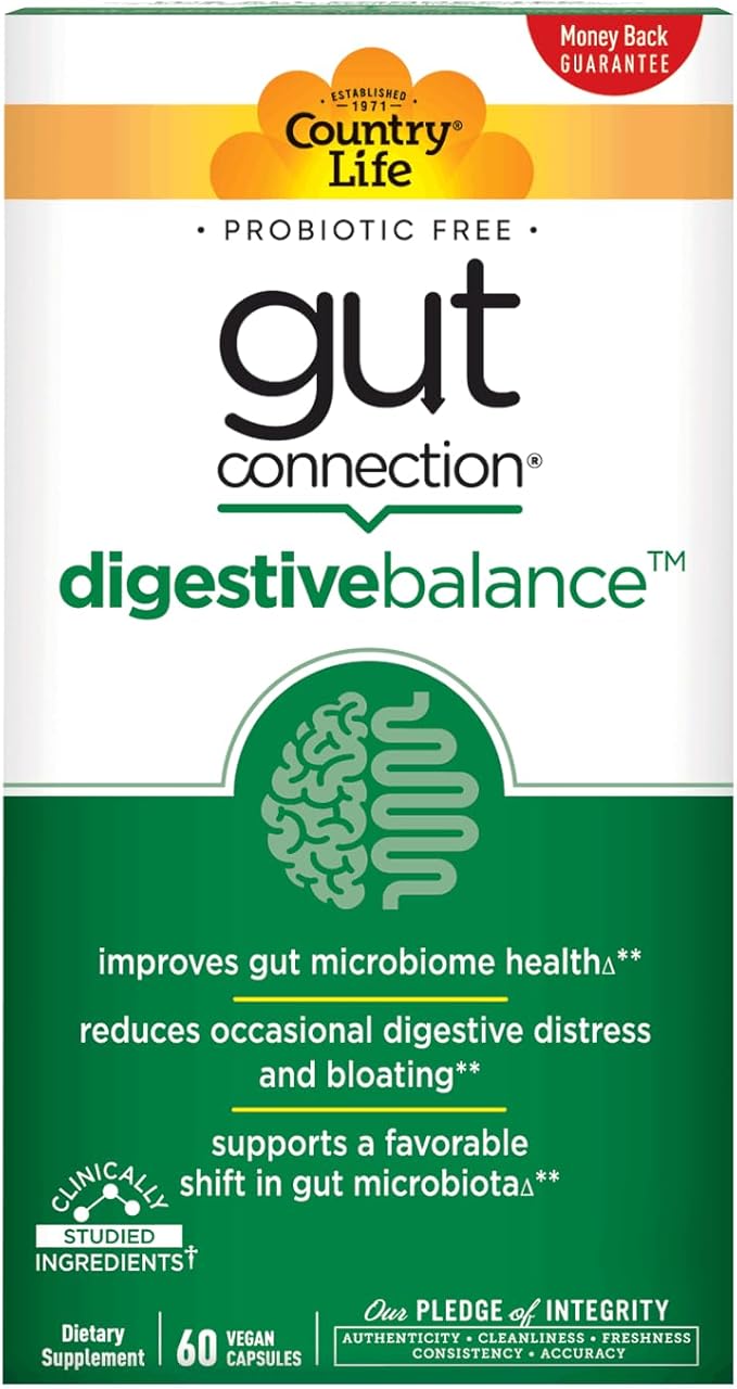 Country Life Gut Connection Digestive Balance – Prebiotic & Digestive Enzyme Supplement for Gut Health, Bloating Relief, and Improved Bowel Movements – Gluten-Free, Vegan, Non-GMO, 60 Capsules