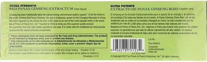 Prince Of Peace Red Panax Ginseng Extractum Ultra Strength, 0.34 fl. oz. Each – Brain Boosting Supplement – Red Panax Ginseng Shots – Support Energy, Mood, & Focus - 2 Pack - 20 Bottles
