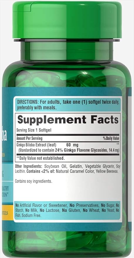 Puritan's Pride Ginkgo Biloba Standardized Extract Nootropic 60 Mg Softgels, 120 Count