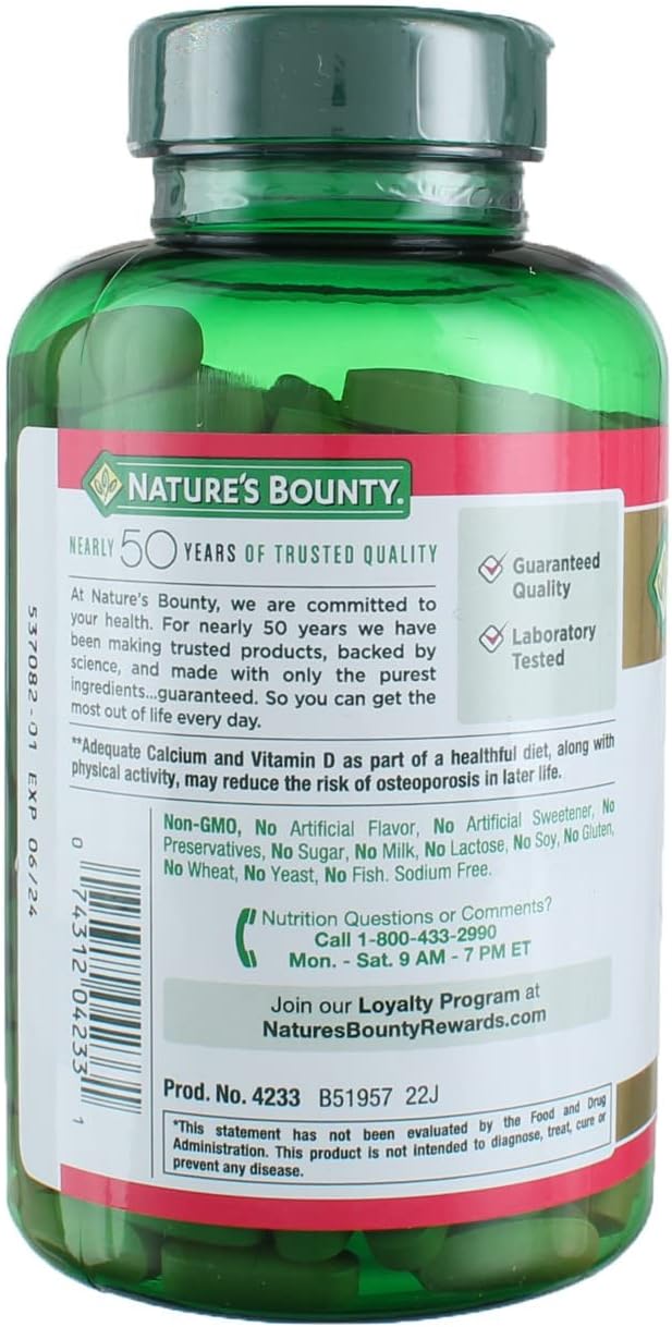 Nature's Bounty 600mg Calcium Carbonate & 800IU Vitamin D3, Supports Immune & Bone Health, 250 Count