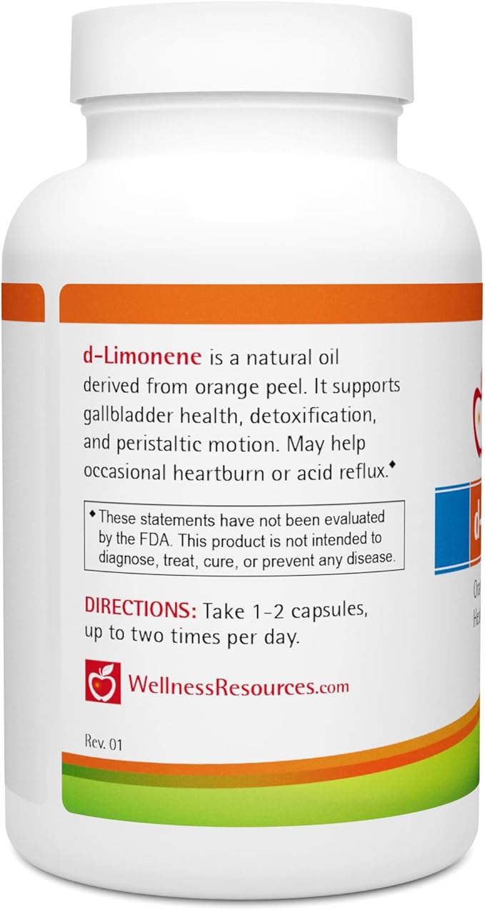Wellness Resources High Potency d-Limonene Capsules 500mg, 120 Capsules - Orange Peel Extract for Digestive Health, Heartburn, Acid Reflux, Detoxification