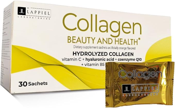 Hydrolyzed Collagen Peptides 30 Powder Packets with Vitamin C (1000mg) & Hyaluronic Acid, That Supports Hair, Skin, Nails & Joints, Orange Flavor, 30 Servings