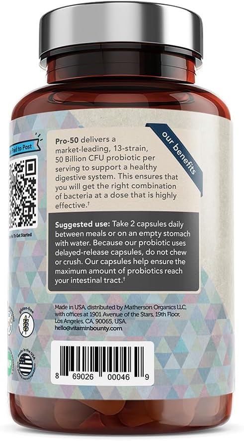 Vitamin Bounty Pro-50 Probiotics for Women Digestive Health | 50 Billion CFU & 13 Strains | SBO Synbiotic Formula Delayed Release Capsule+Prebiotic Greens for Immune Support – for Women & Men | 60cap