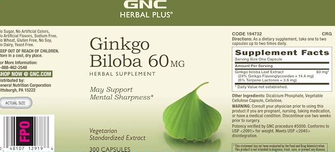 GNC Herbal Plus Ginkgo Biloba 60mg Supplement, Vegetarian, Supports Mental Sharpness, 300 Servings