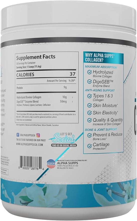 Premium Hydrolyzed Collagen Protein Powder - Collagen Peptides Supplement for Men & Women with Digestive Enzymes - 30 Servings (French Vanilla)