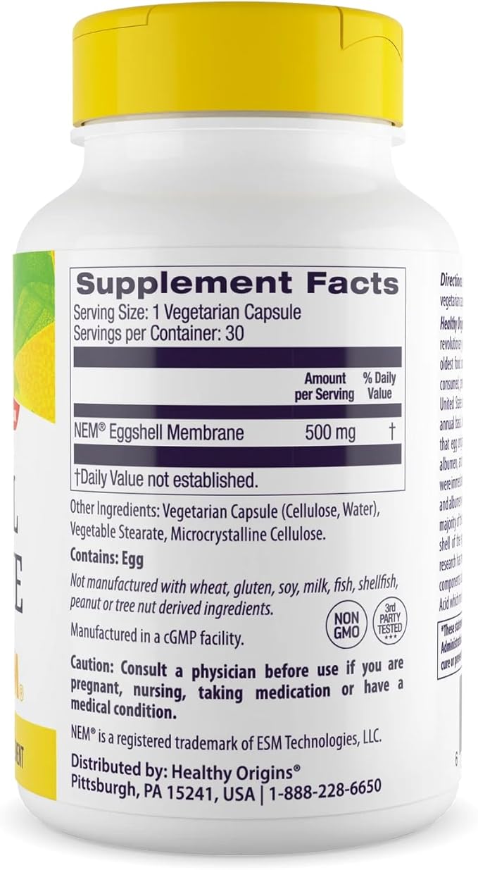 Healthy Origins Eggshell Membrane 500 mg (NEM, Non-GMO, Gluten Free, Joint Support), 30 Veggie Caps