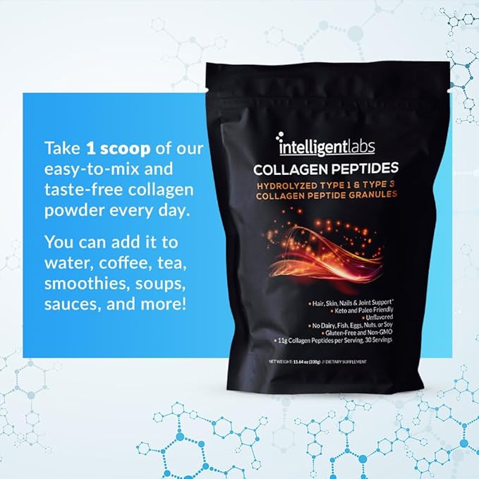 Intelligent Labs Hydrolyzed Type 1 and 3 Collagen Peptide Granules, Collagen Powder Unflavored, Keto and Paleo-Friendly, Third-Party Verified For Purity, 11g per Serving, 30 Servings a Pouch