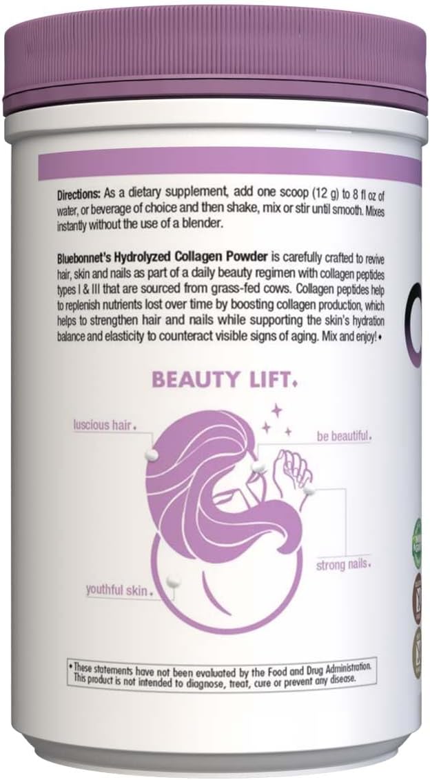 BlueBonnet Nutrition Hydrolyzed Collagen Powder, Supports Hair, Skin, and Nails*, Soy-Free, Gluten-Free, Non-GMO, Grass-fed Cows, Pasture Raised, 10.58 oz, 25 Servings, Unflavored, Unsweetened