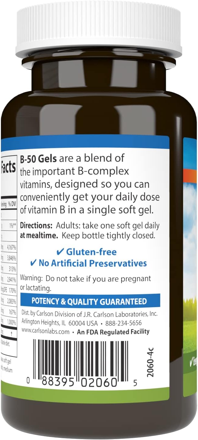 Carlson - B-50 Gels, Vitamin B Complex, Energy Production, Cellular Support & Optimal Wellness, 50 Softgels