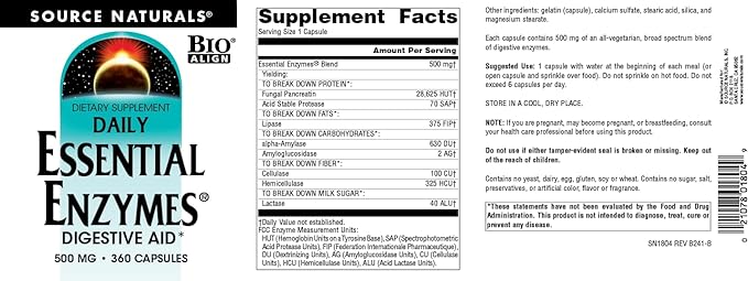 Source Naturals Essential Enzymes 500mg, Bio-Aligned Multiple Enzyme Supplement Herbal Defense for Digestion, Gas, Constipation & Bloating Relief - Digestive Aid* - 360 Capsules, 360 Servings