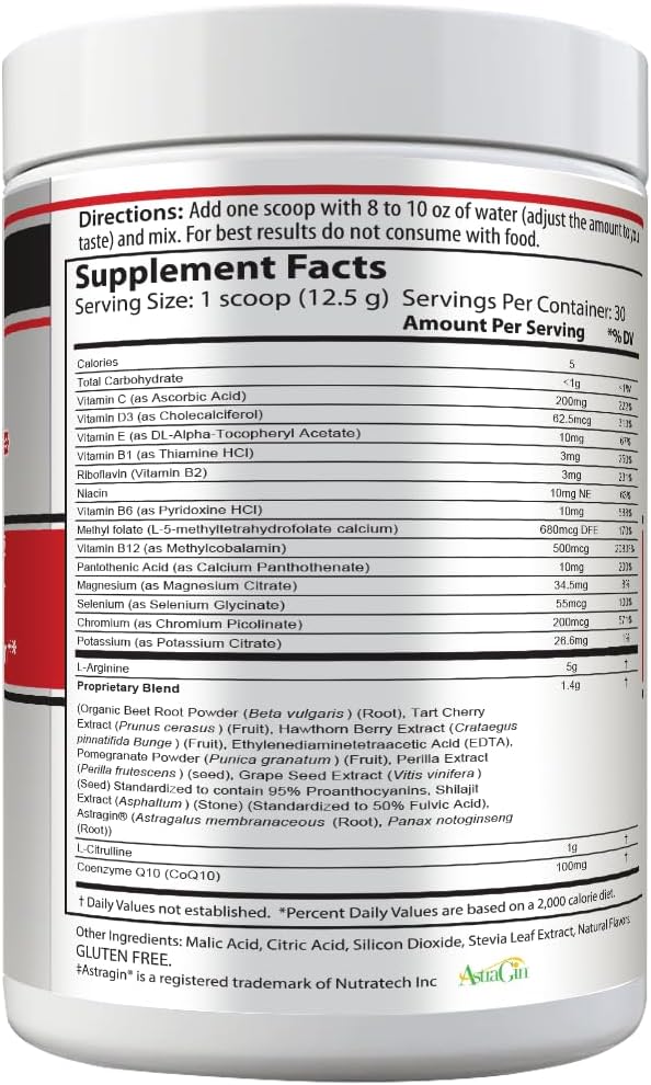 Drink Mix, Cherry, L-Arginine 5000mg, L-Citrulline 1000mg, Vitamins B12, C, D3, Beet Root, 30 Servings, Nitric Oxide Support, Cardiovascular, & Energy Support Supplement