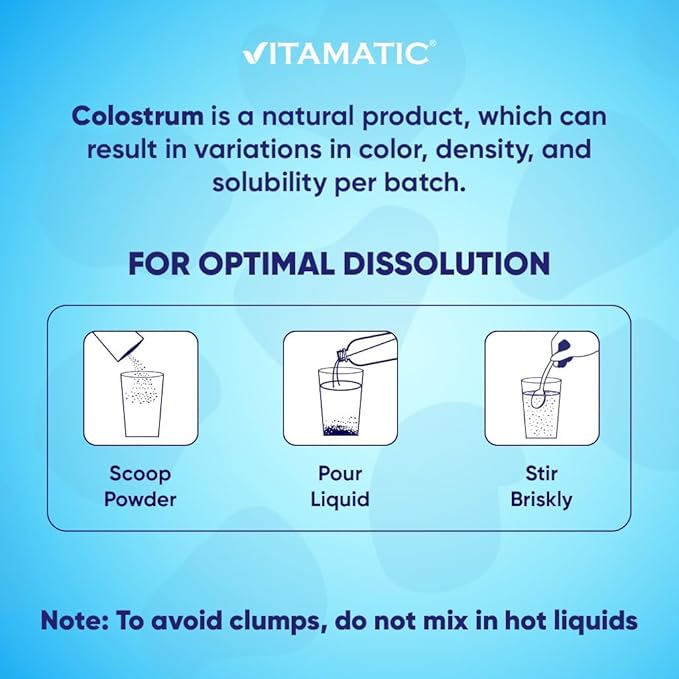 Vitamatic Bovine Colostrum Powder - 50% Highest IgG - Supplement for Gut Health, Hair Growth, Beauty, Muscle Recovery, & Immune Support - Easy to Mix - Unflavored - 60 Servings