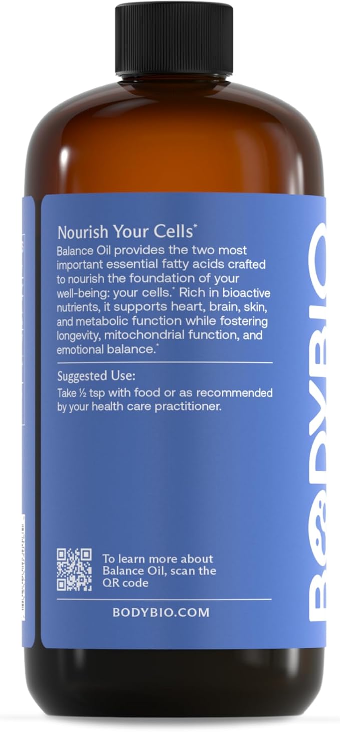 BodyBio Balance Oil - Essential Fatty Acids Omega 3 & 6 - Cold Pressed, Vegan, Organic Safflower and Flax Seed Oil Blend for Brain & Mood Support and Cellular Health, 16 oz