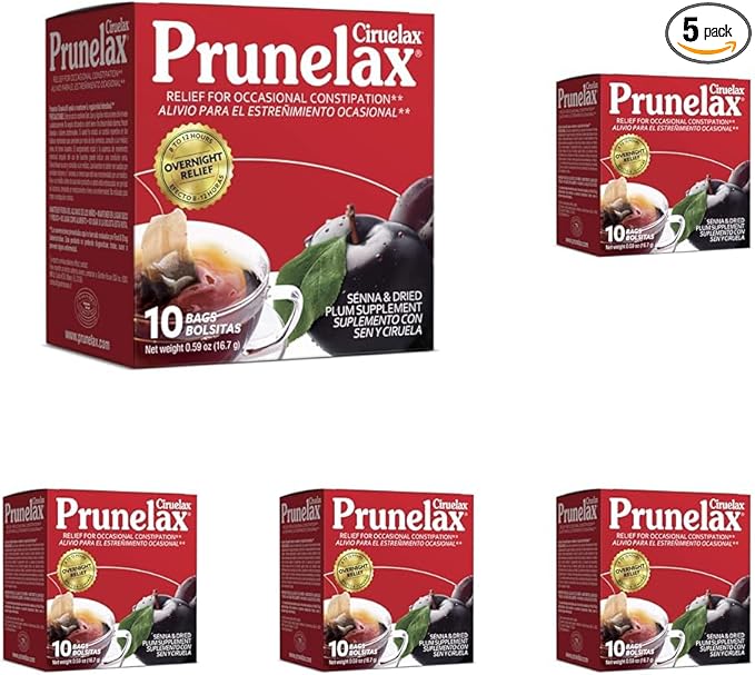 Prunelax Ciruelax Regular Strength Laxative Tea Bags - Made with Natural Senna Extracts, for Occasional Constipation, Senna Extract - 10 Bags (Pack of 5)