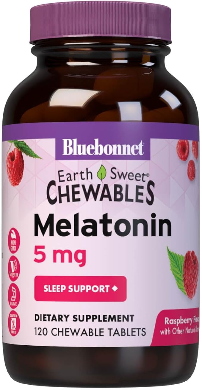 Bluebonnet Nutrition EarthSweet Melatonin 5 mg Fast-Acting Quick Dissolve Nighttime Relaxation & Restful Sleep Support - Sleep Aid - Gluten-Free, Vegan - Raspberry Flavor - 120 Chewable Tablets