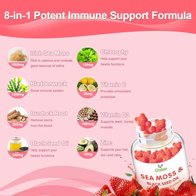 Sea Moss Gummies for Adults Kids with Chlorophyll, Bladderwrack, Burdock Root, Blck Seed Oil, Vitamin C & D3, Zinc, 8-in-1 Potent Formula Supports Immune System & Boost Energy (1-Pack)