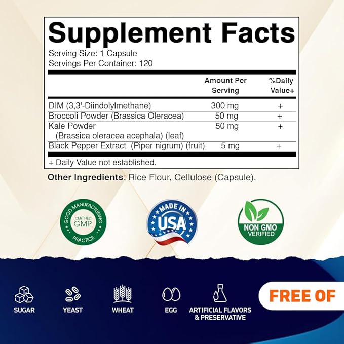 Vitamatic DIM Supplement Complex for Women & Men - 300mg - 120 Veg Capsules - Made with Black Pepper, Broccoli Powder & Kale Powder - Non-GMO & Gluten Free - Supports Hormonal Balance