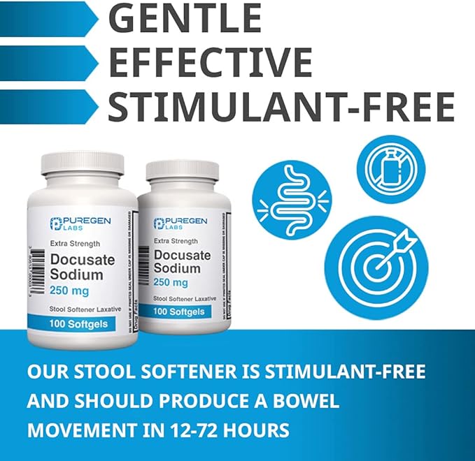 Docusate Sodium 250mg Stool Softener Laxative 200 softgels Total Gentle Constipation Relief Extra Strength Stimulant Free 2 Pack