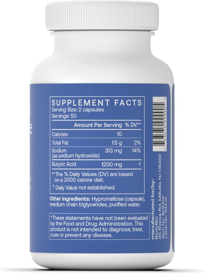 BodyBio Butyrate Supplement - Postbiotic for Gut Microbiome Health, Digestion and Regulation Support - Butyric Acid with Sodium - 100 Capsules