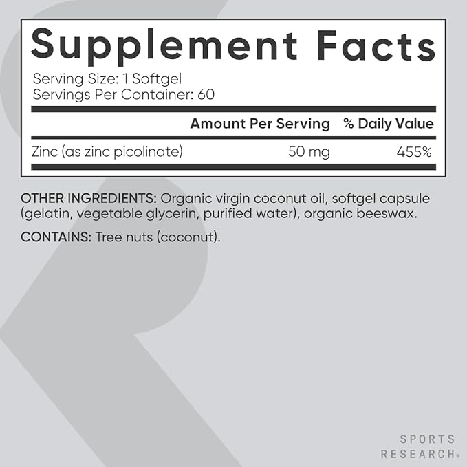 Sports Research Zinc Picolinate 50mg with Organic Coconut Oil | Highly Absorbable Zinc Supplement for Healthy Immune Function - Non-GMO Verified, Gluten & Soy Free (60 Liquid Softgels)