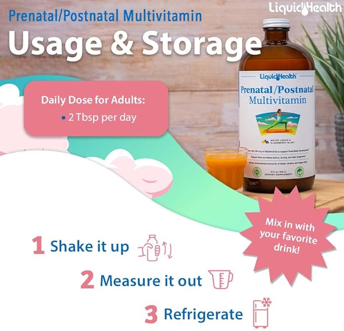 LIQUIDHEALTH Prenatal/Postnatal Multiple Liquid Women's Multivitamin with Real Folate - Pre & Postnatal Vitamins for Before, During, After Pregnancy - Made in USA, Vegan, Sugar-Free, Non-GMO (3 Pack)
