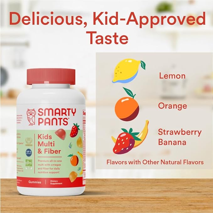 SmartyPants Kids Multivitamin Gummies and Fiber Supplement: Vitamin D3, C, Vitamin B12, B6, A, Zinc, Biotin, Inositol, Fiber Gummies, Three Fruit Flavors, 120 Count (30 Day Supply)