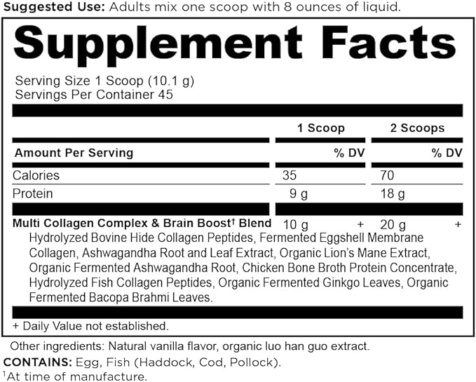 Ancient Nutrition Collagen Powder Protein, Multi Collagen Protein, Hydrolyzed Collagen Peptides Supports Skin and Nails, Joint Supplement (Brain Boost, 45 Servings)