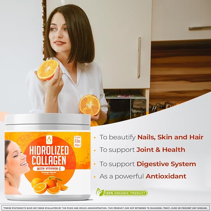 Hydrolyzed Collagen Powder Supplement | Promotes Hair, Nail, Skin, Bone, Joint Health, Gut Health | Hydrolyzed Grass Fed Collagen Peptides |Collagen for Women | 200gr (Orange)