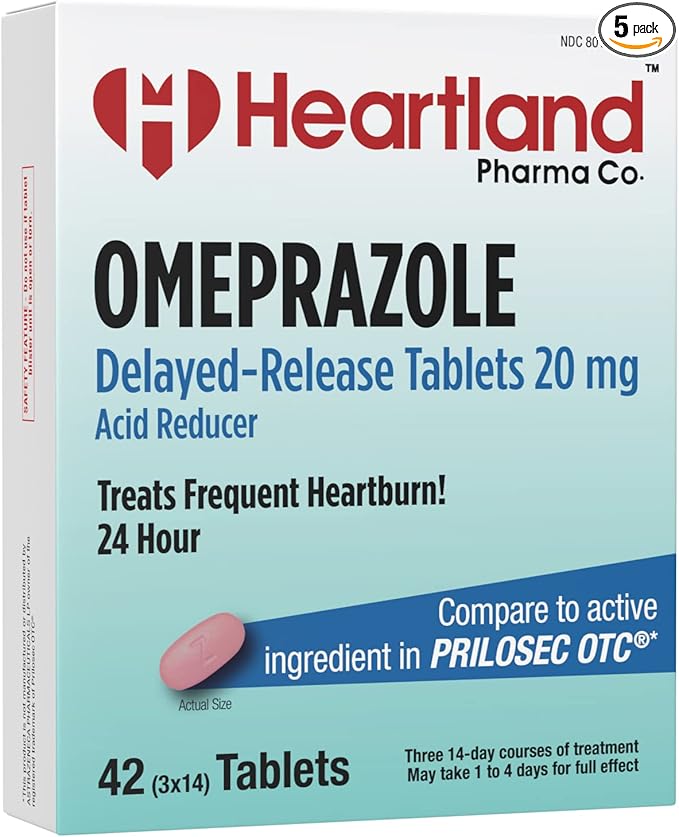 | Omeprazole 20mg | Heartburn Relief Medicine | Delayed Release Acid Reducer Tablet | Antacid Tablets for Acid Reflux | 42 Count | 5-Pack