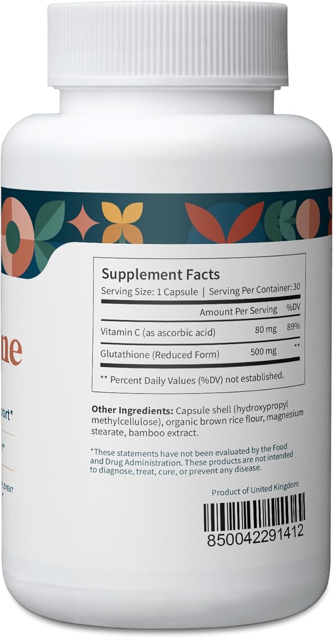 Pattern Wellness Glutathione Supplement - Active Reduced Glutathione Formula with Added Vitamin C - Cell, Antioxidant, + Immune Health Support - 30 Vegan Capsules