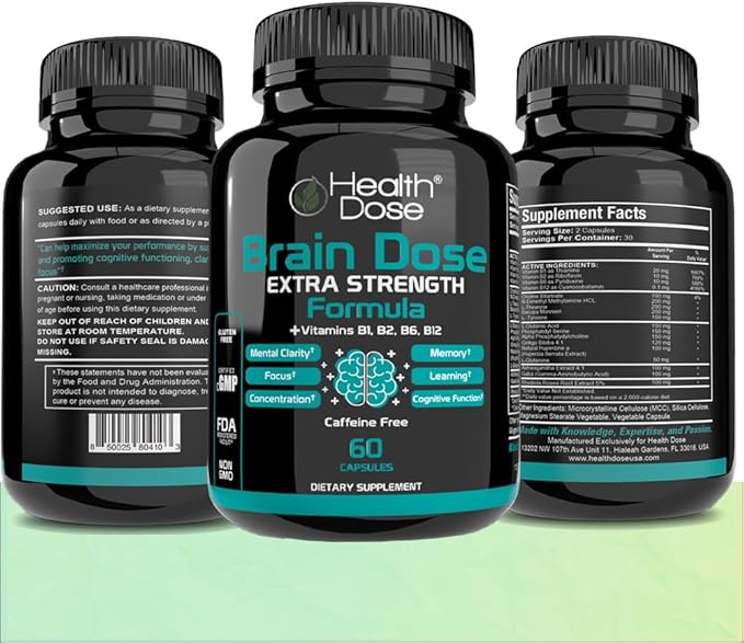 Brain Dose Premium Nootropics - Caffeine-Free Extra Strength Formula for Men & Women - Supports Brain Health, Cognitive Focus & Memory Retention, Pack of 3.