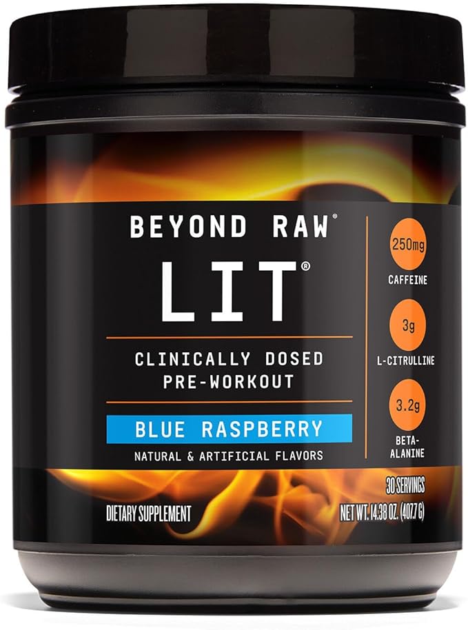 BEYOND RAW LIT Pre Workout Powder Supplement for Men and Women, Energy, Focus, Endurance, Pumps, Nitric Oxide Boost, 250mg Caffeine, Creatine, Beta Alanine, Blue Raspberry 30 Servings