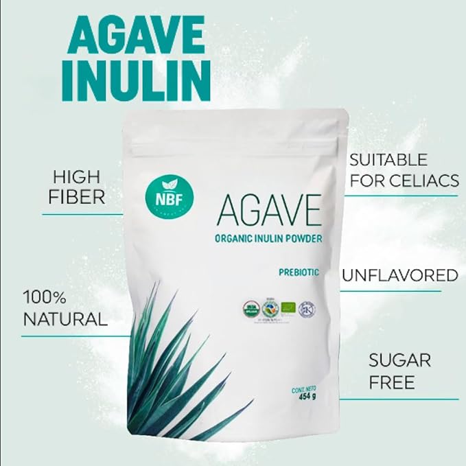 NBF NATURA BIO FOODS - Organic Agave Inulin Powder | Prebiotic Fiber Supplement | Gut Support | No Flavor or Aftertaste | Vegan & Keto Friendly | 16 Oz, 1 Pound (Pack of 1)