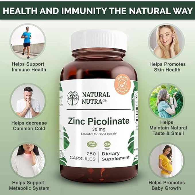 Natural Nutra Zinc Picolinate 30 mg, Double Strength, Raw and Pure, Highly Bioavailable Supplement for Growth and Immune Support, Helps Support Metabolic System, Decrease Common Cold 250 Capsule