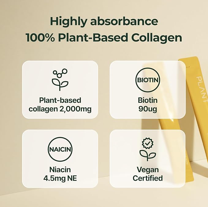 PLANT Vegan Liquid Collagen with Biotin & Niacin | 2,000mg Hydrolyzed Collagen Peptides | Kosher & Halal Certified| Lemon Flavor| Skin, Hair & Nail Support| 363Da Ultra Low Molecular |15 Stick Packs