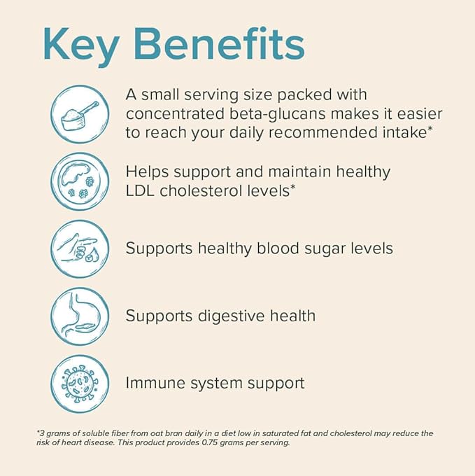 Oat Bran Powder with 750mg Beta Glucan per Serving - Easy-Mix Soluble Fiber for Cholesterol Management & Immune Support - Heart Healthy, Non-GMO & Vegan Oatmeal Powder